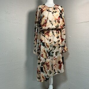 Maggy London Cream Multi Floral Long-Sleeve Tiered Midi Dress size 18 *no belt*